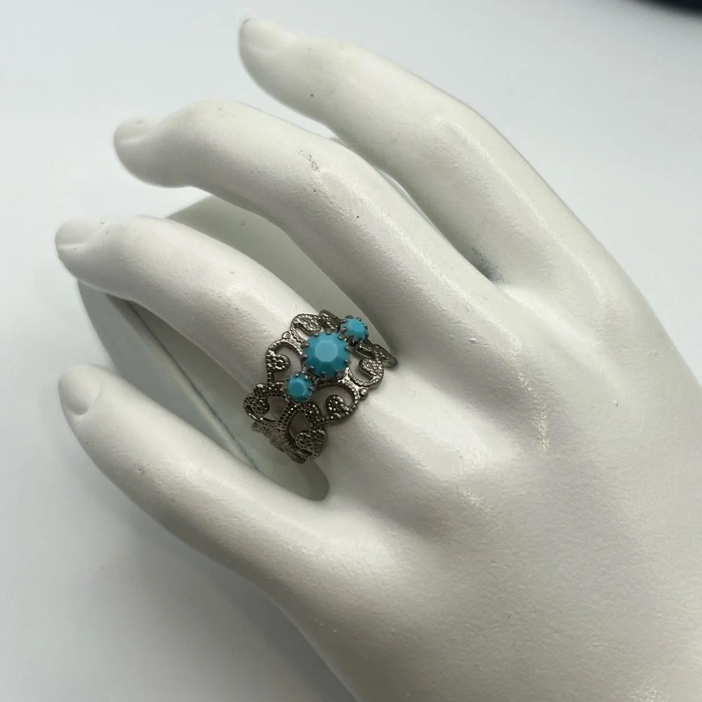 5/$25 Boho Filigree Adjustable Ring - Black Metal & Blue Accents